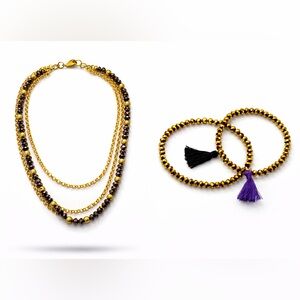 NWT Gold Black Shine Layered Necklace + 2 Adjustable Bracelets | Chic Jewelry